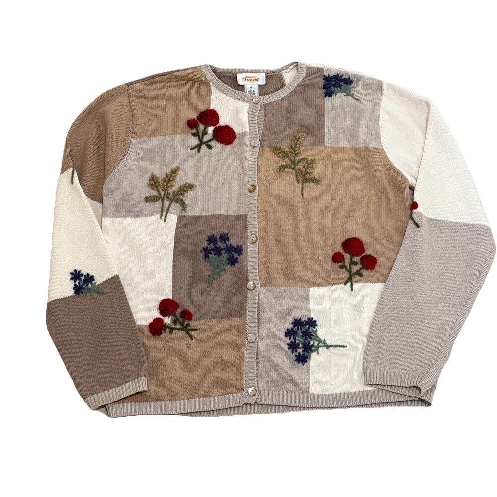 Vintage Talbots Patchwork Cardigan Sweater M Beige Floral Embroidered 90s Granny